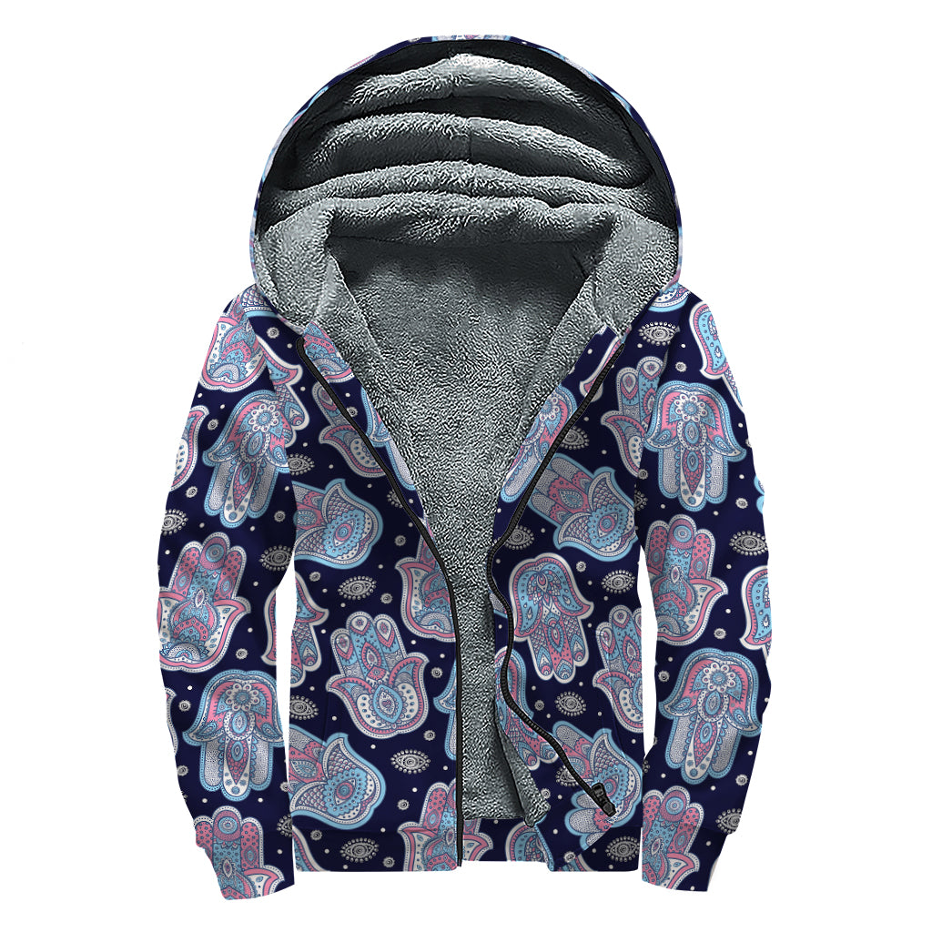 Boho Hamsa Pattern Print Sherpa Lined Zip Up Hoodie