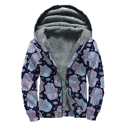 Boho Hamsa Pattern Print Sherpa Lined Zip Up Hoodie