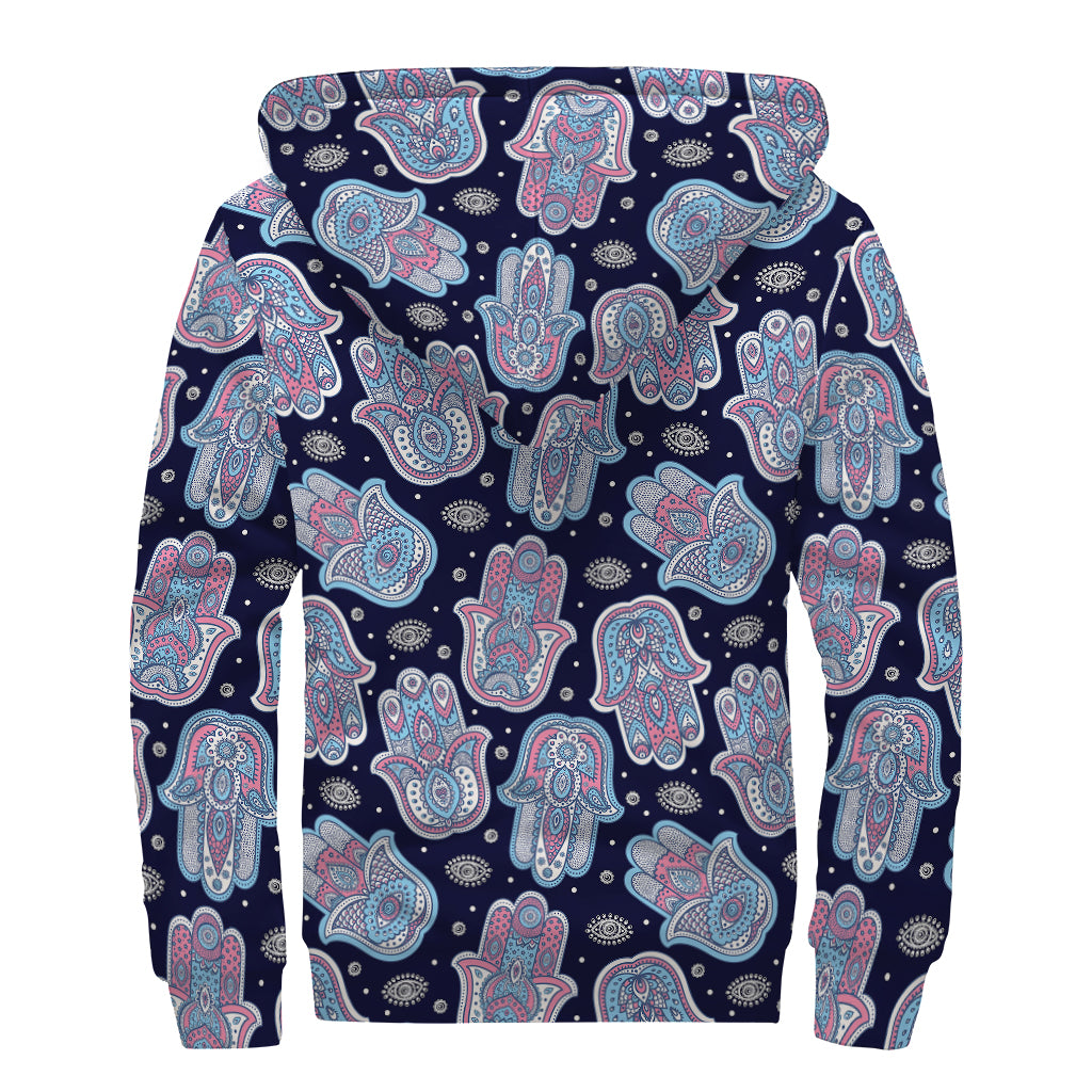 Boho Hamsa Pattern Print Sherpa Lined Zip Up Hoodie