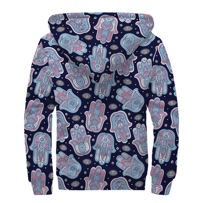 Boho Hamsa Pattern Print Sherpa Lined Zip Up Hoodie