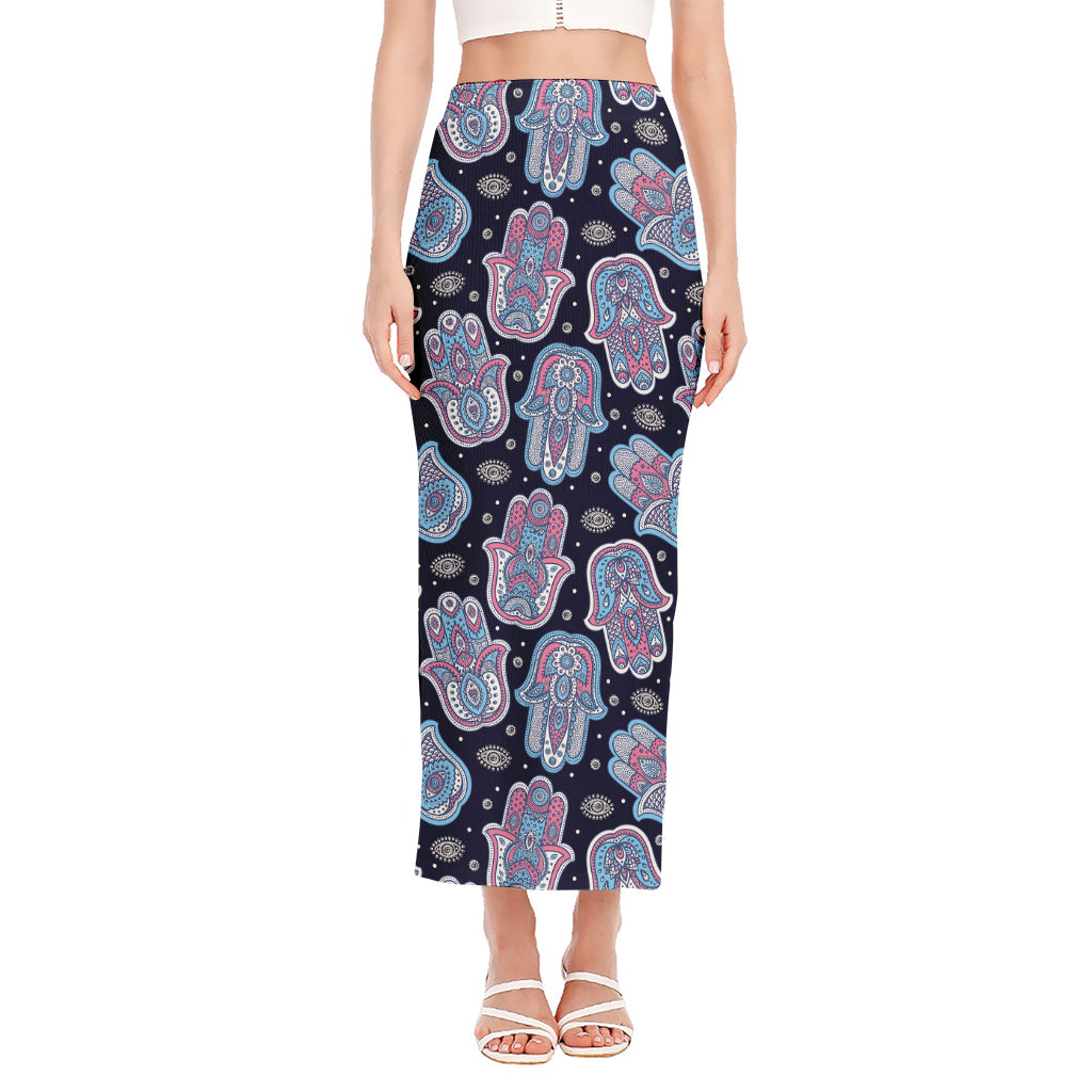 Boho Hamsa Pattern Print Side Slit Maxi Skirt