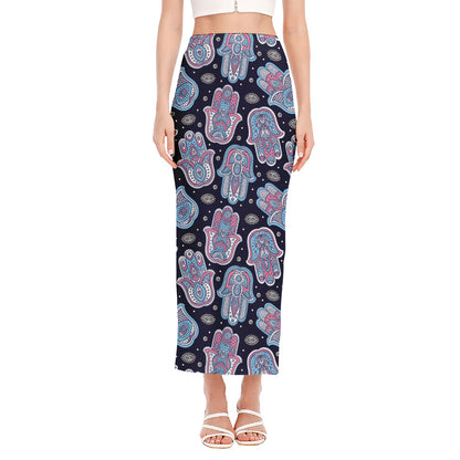 Boho Hamsa Pattern Print Side Slit Maxi Skirt