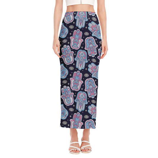 Boho Hamsa Pattern Print Side Slit Maxi Skirt
