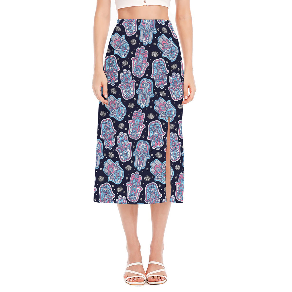 Boho Hamsa Pattern Print Side Slit Midi Skirt
