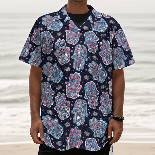 Boho Hamsa Pattern Print Textured Short Sleeve Shirt