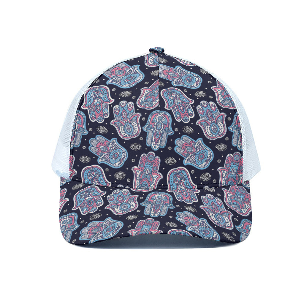 Boho Hamsa Pattern Print White Mesh Trucker Cap