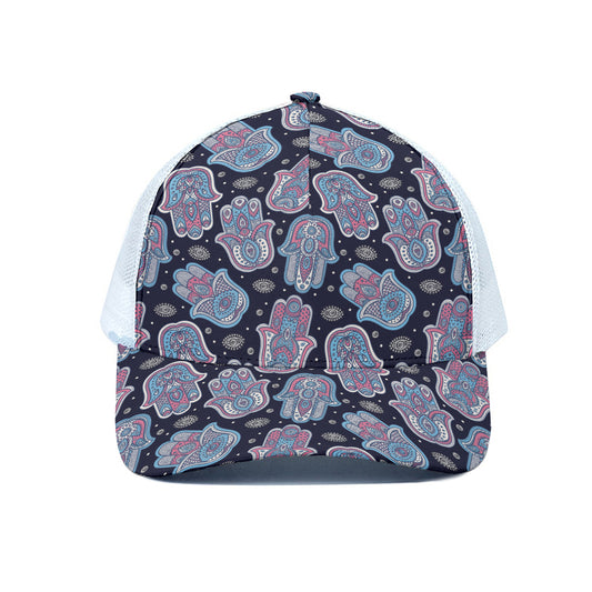 Boho Hamsa Pattern Print White Mesh Trucker Cap
