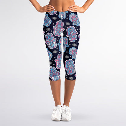 Boho Hamsa Pattern Print Women's Capri Leggings