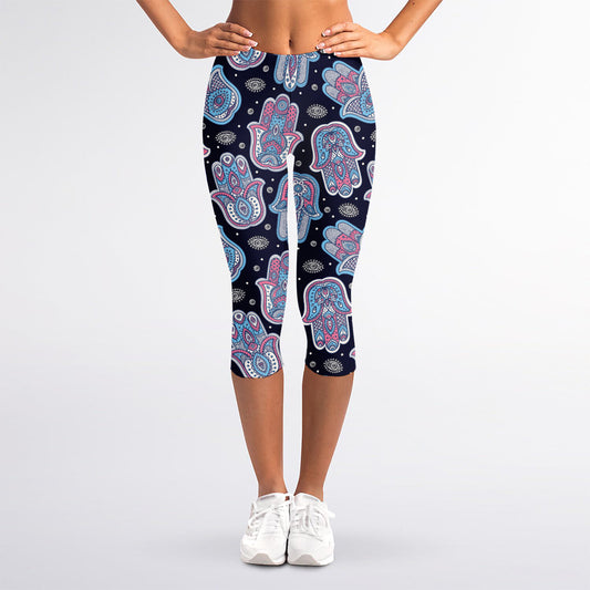 Boho Hamsa Pattern Print Women's Capri Leggings