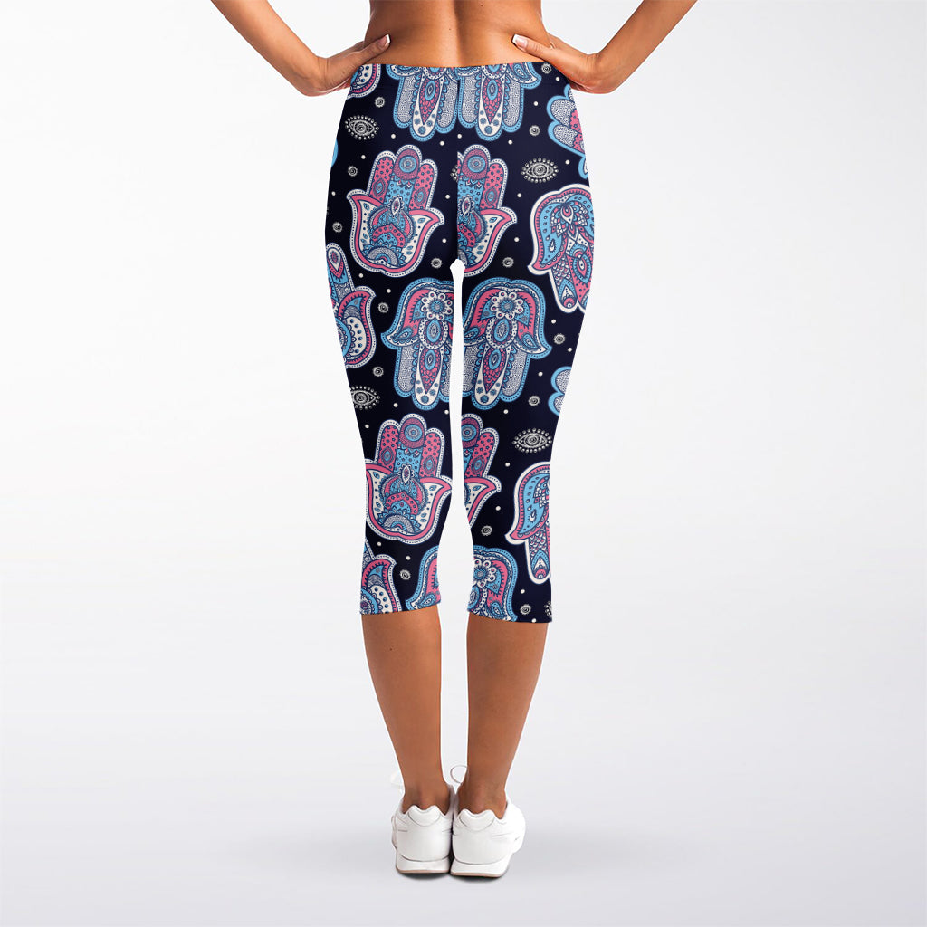 Boho Hamsa Pattern Print Women's Capri Leggings