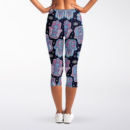 Boho Hamsa Pattern Print Women's Capri Leggings
