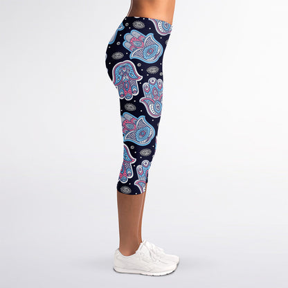 Boho Hamsa Pattern Print Women's Capri Leggings