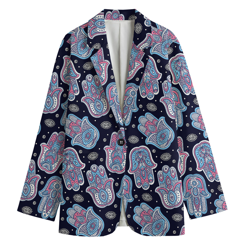 Boho Hamsa Pattern Print Women's Cotton Blazer