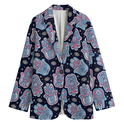 Boho Hamsa Pattern Print Women's Cotton Blazer