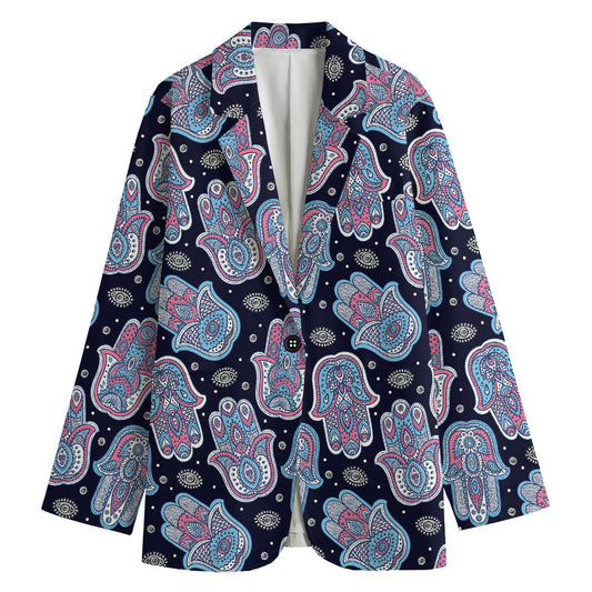 Boho Hamsa Pattern Print Women's Cotton Blazer