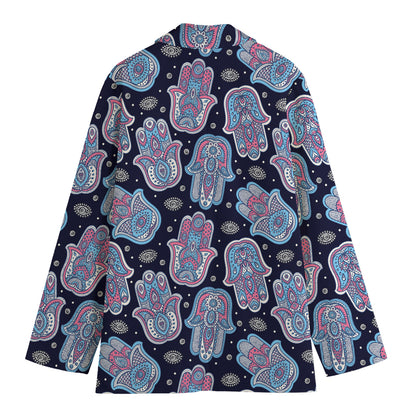 Boho Hamsa Pattern Print Women's Cotton Blazer