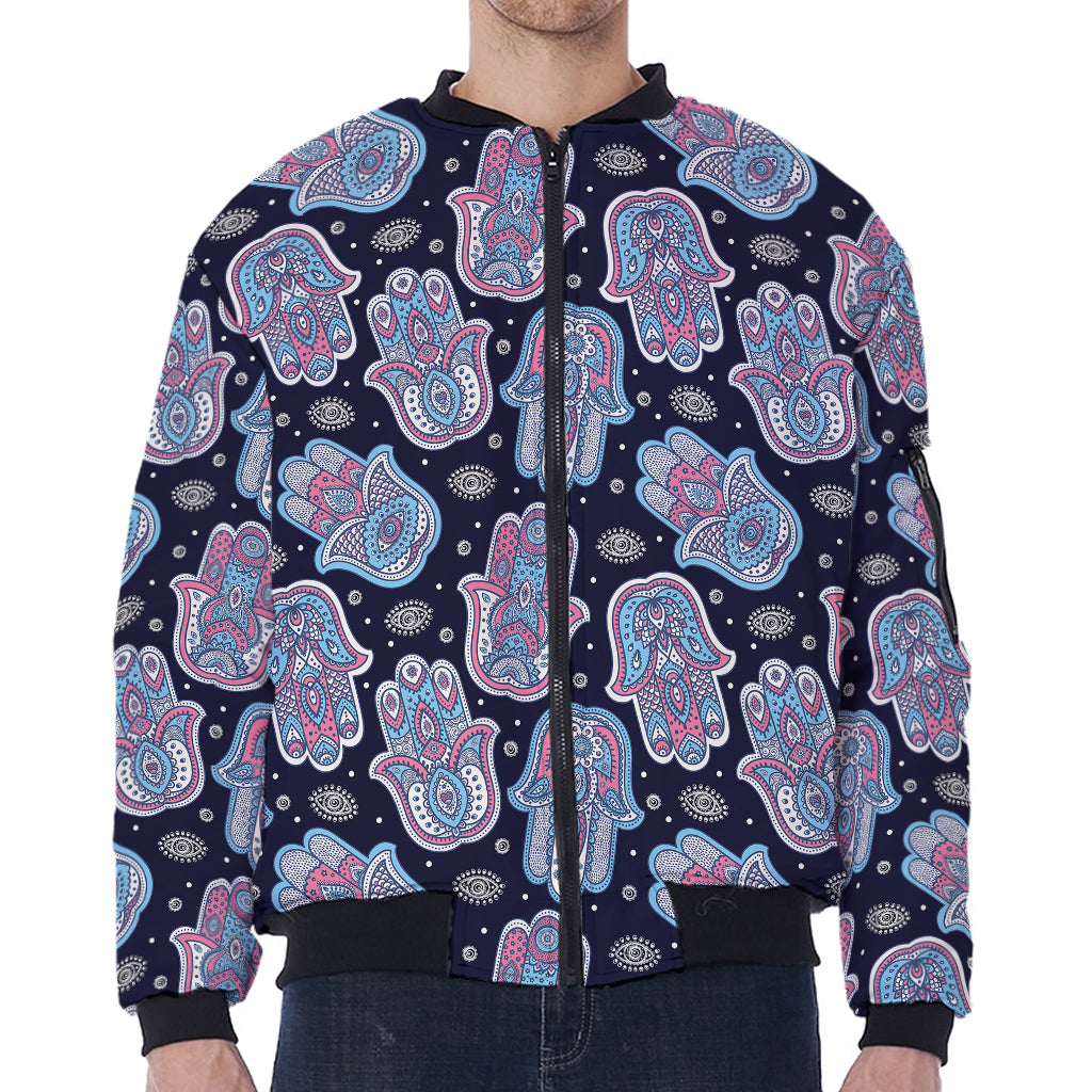 Boho Hamsa Pattern Print Zip Sleeve Bomber Jacket