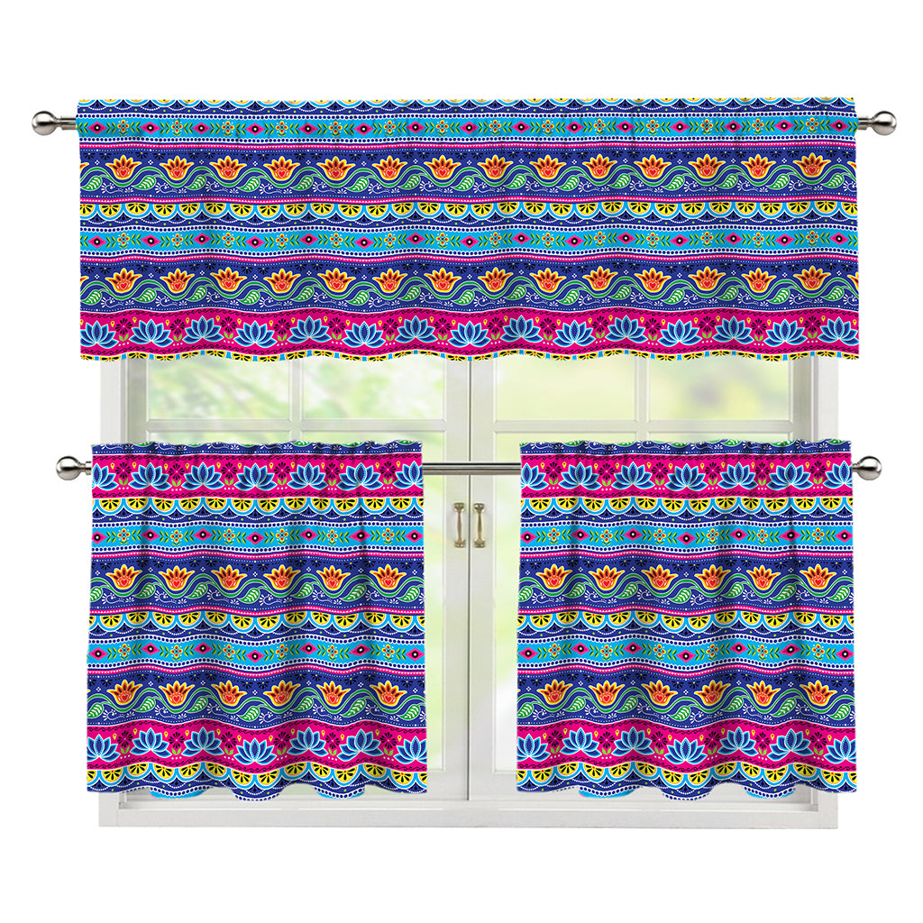 Boho Indian Lotus Pattern Print 3 Piece Kitchen Curtains