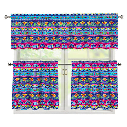Boho Indian Lotus Pattern Print 3 Piece Kitchen Curtains