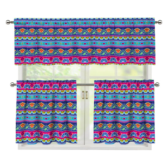 Boho Indian Lotus Pattern Print 3 Piece Kitchen Curtains