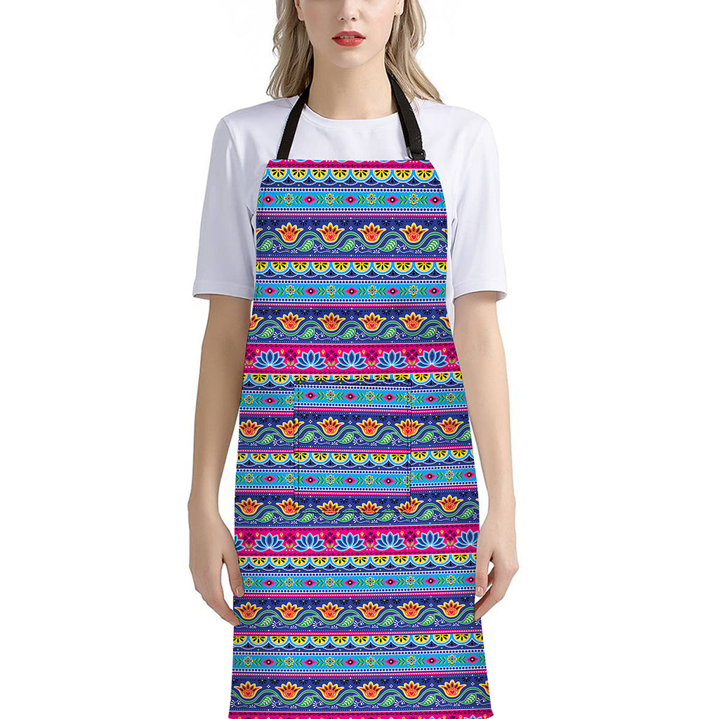 Boho Indian Lotus Pattern Print Bib Apron With Pocket