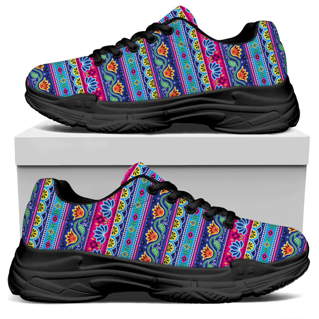 Boho Indian Lotus Pattern Print Black Chunky Shoes