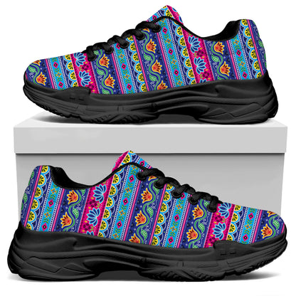 Boho Indian Lotus Pattern Print Black Chunky Shoes