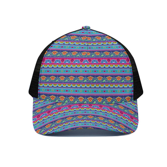 Boho Indian Lotus Pattern Print Black Mesh Trucker Cap