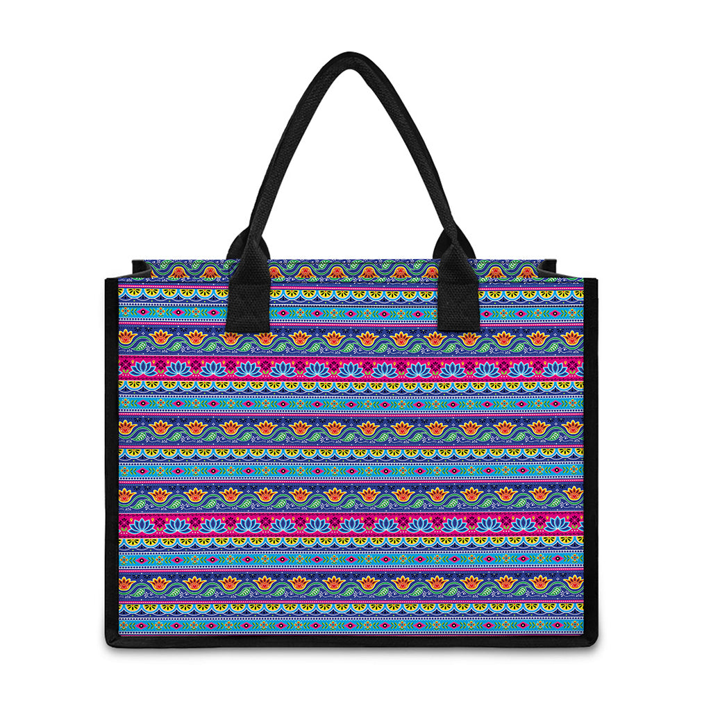 Boho Indian Lotus Pattern Print Canvas Tote Bag