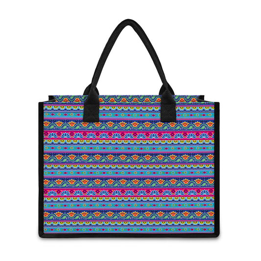 Boho Indian Lotus Pattern Print Canvas Tote Bag