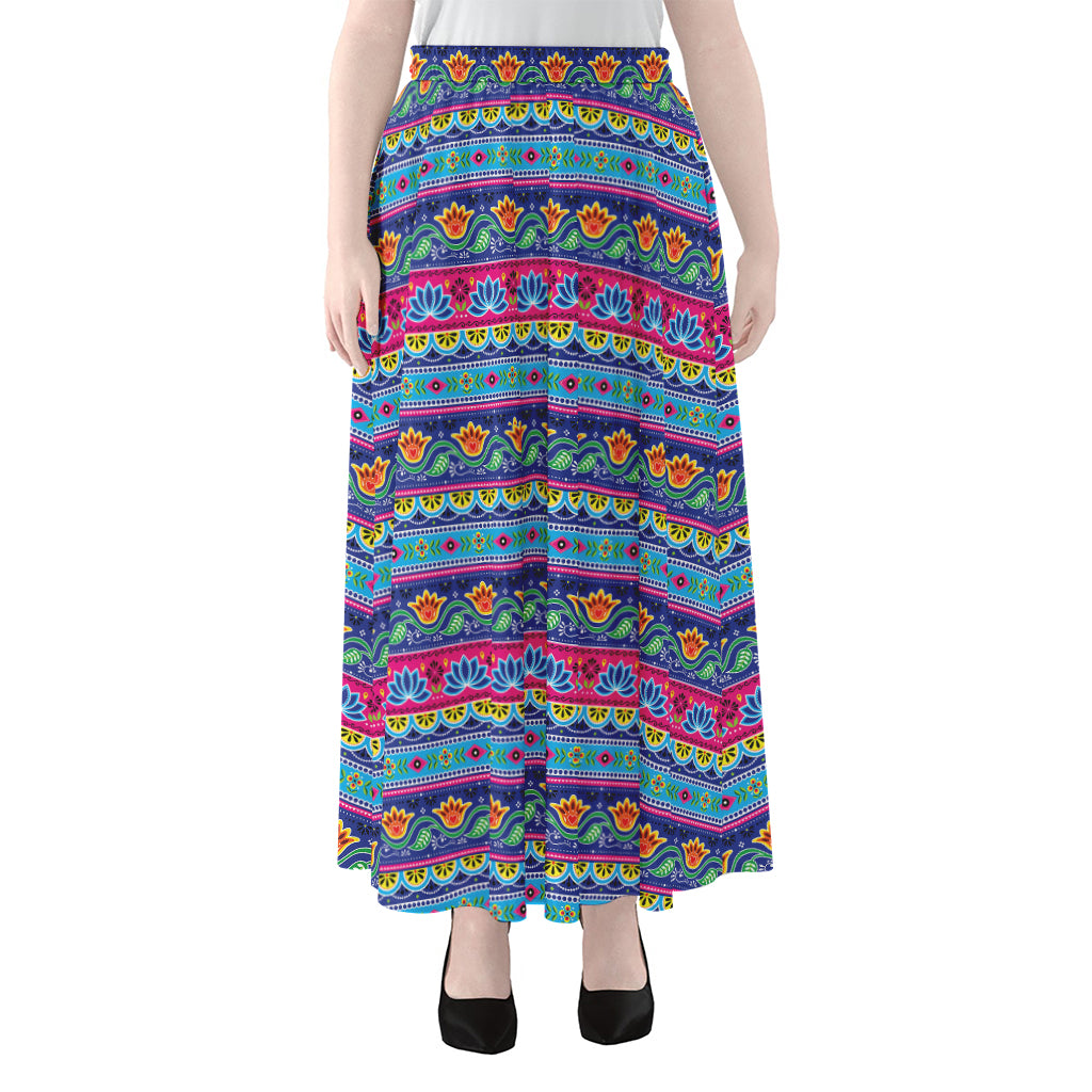 Boho Indian Lotus Pattern Print Chiffon Maxi Skirt