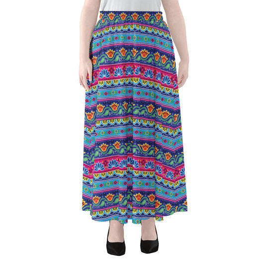 Boho Indian Lotus Pattern Print Chiffon Maxi Skirt