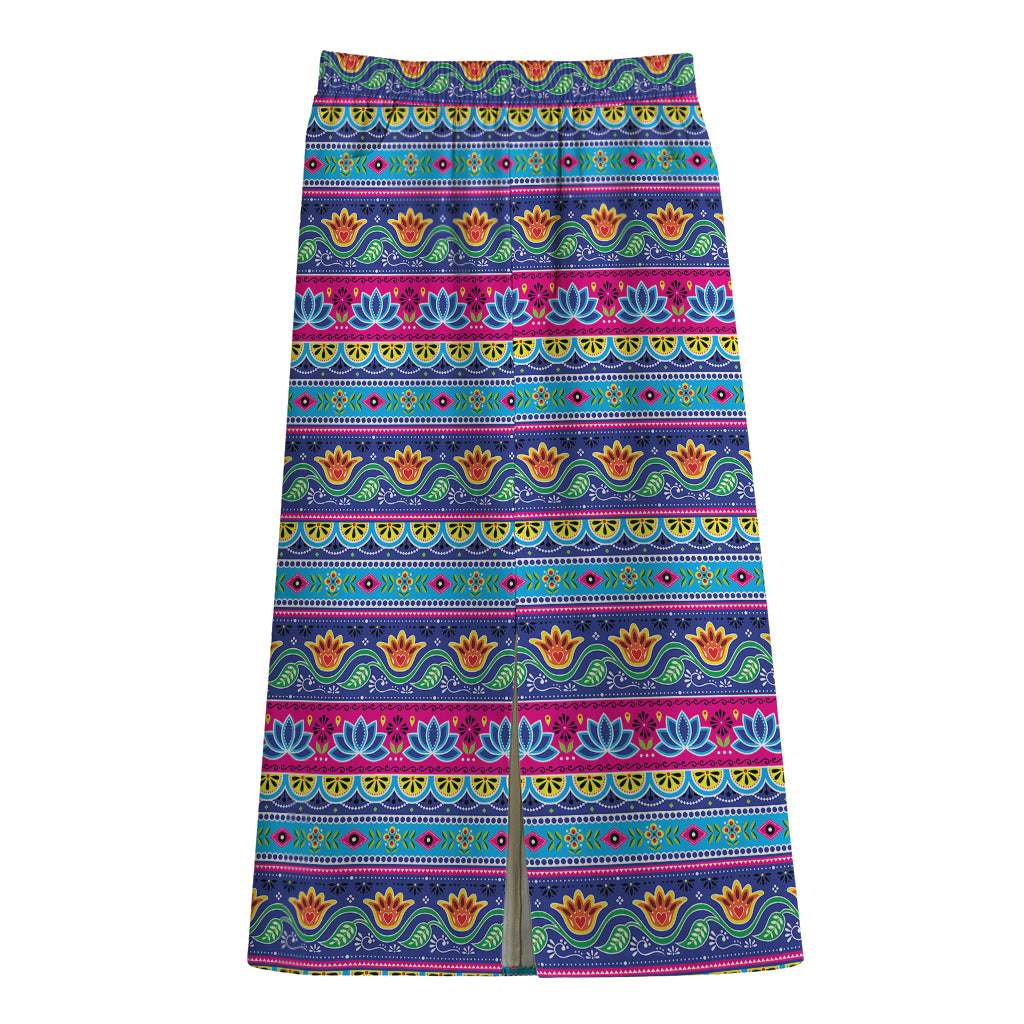 Boho Indian Lotus Pattern Print Cotton Front Slit Maxi Skirt