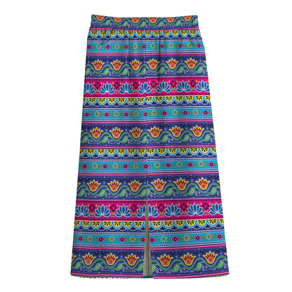 Boho Indian Lotus Pattern Print Cotton Front Slit Maxi Skirt