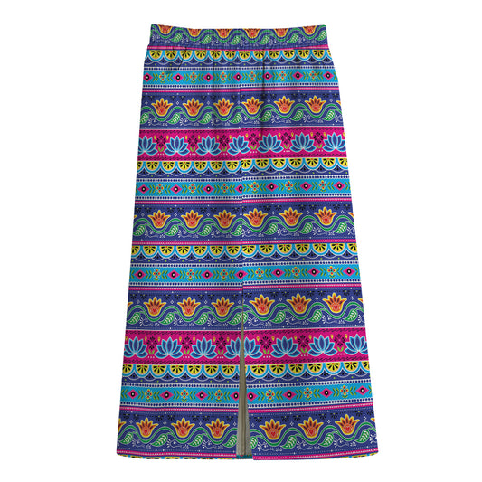 Boho Indian Lotus Pattern Print Cotton Front Slit Maxi Skirt