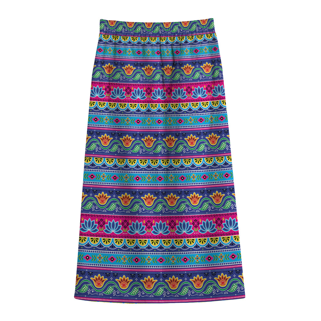 Boho Indian Lotus Pattern Print Cotton Front Slit Maxi Skirt