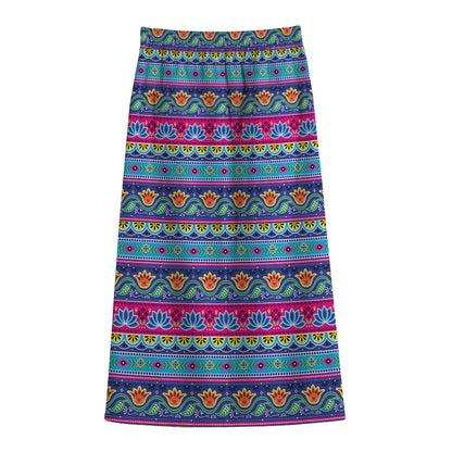 Boho Indian Lotus Pattern Print Cotton Front Slit Maxi Skirt