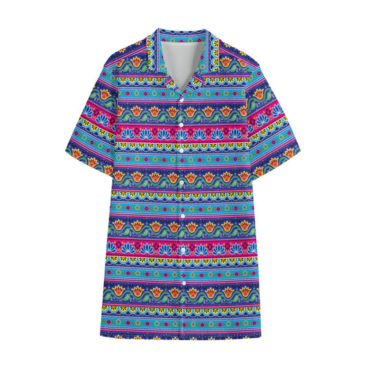 Boho Indian Lotus Pattern Print Cotton Hawaiian Shirt