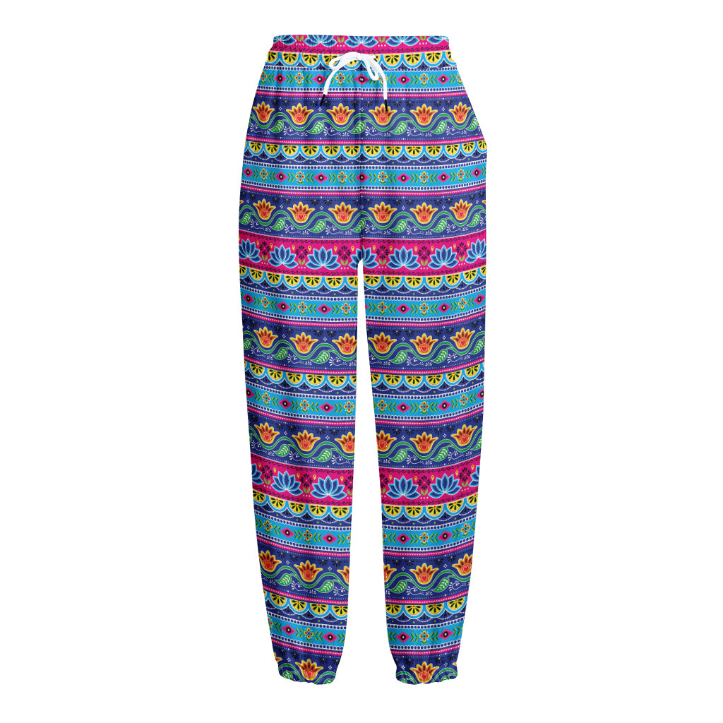 Boho Indian Lotus Pattern Print Fleece Lined Knit Pants