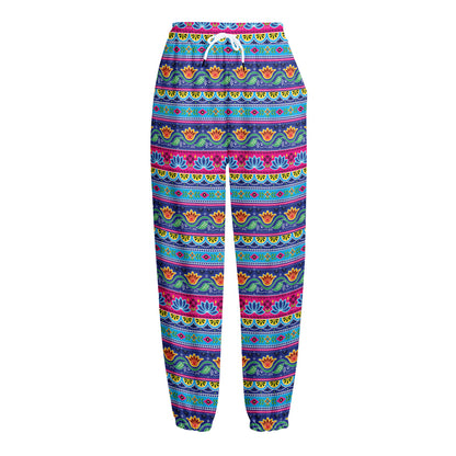 Boho Indian Lotus Pattern Print Fleece Lined Knit Pants