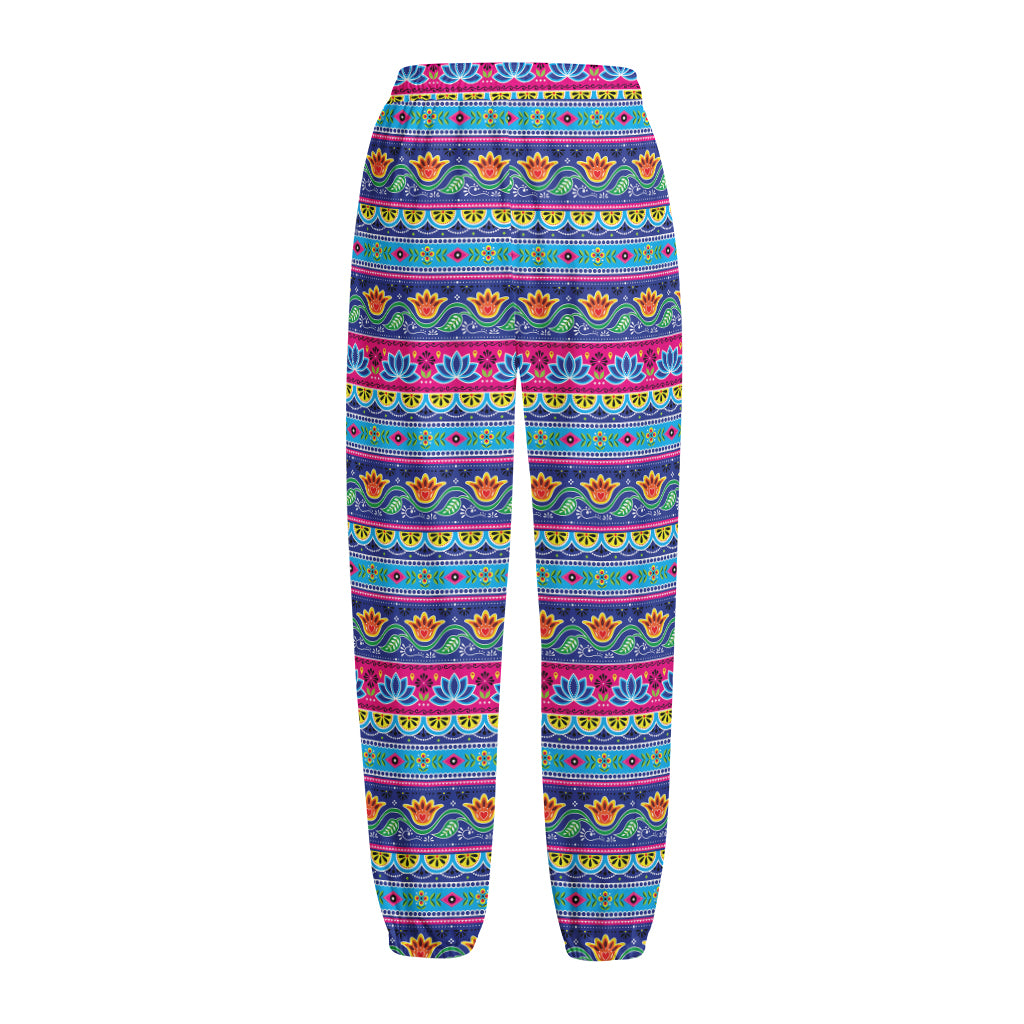 Boho Indian Lotus Pattern Print Fleece Lined Knit Pants