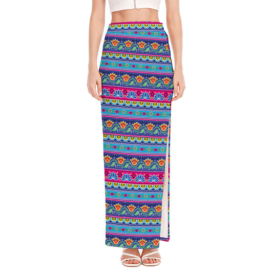 Boho Indian Lotus Pattern Print High Slit Maxi Skirt