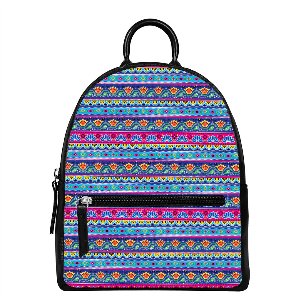 Boho Indian Lotus Pattern Print Leather Backpack