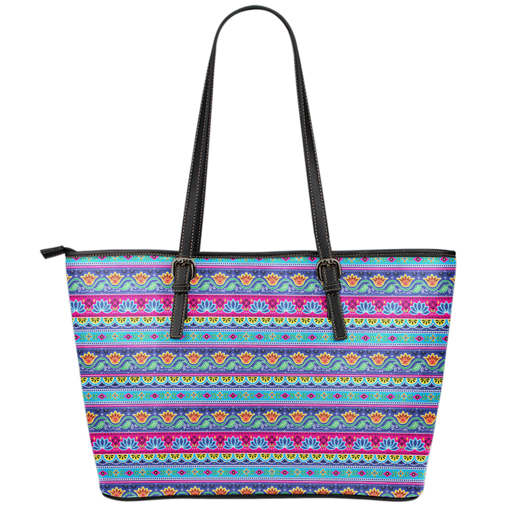 Boho Indian Lotus Pattern Print Leather Tote Bag