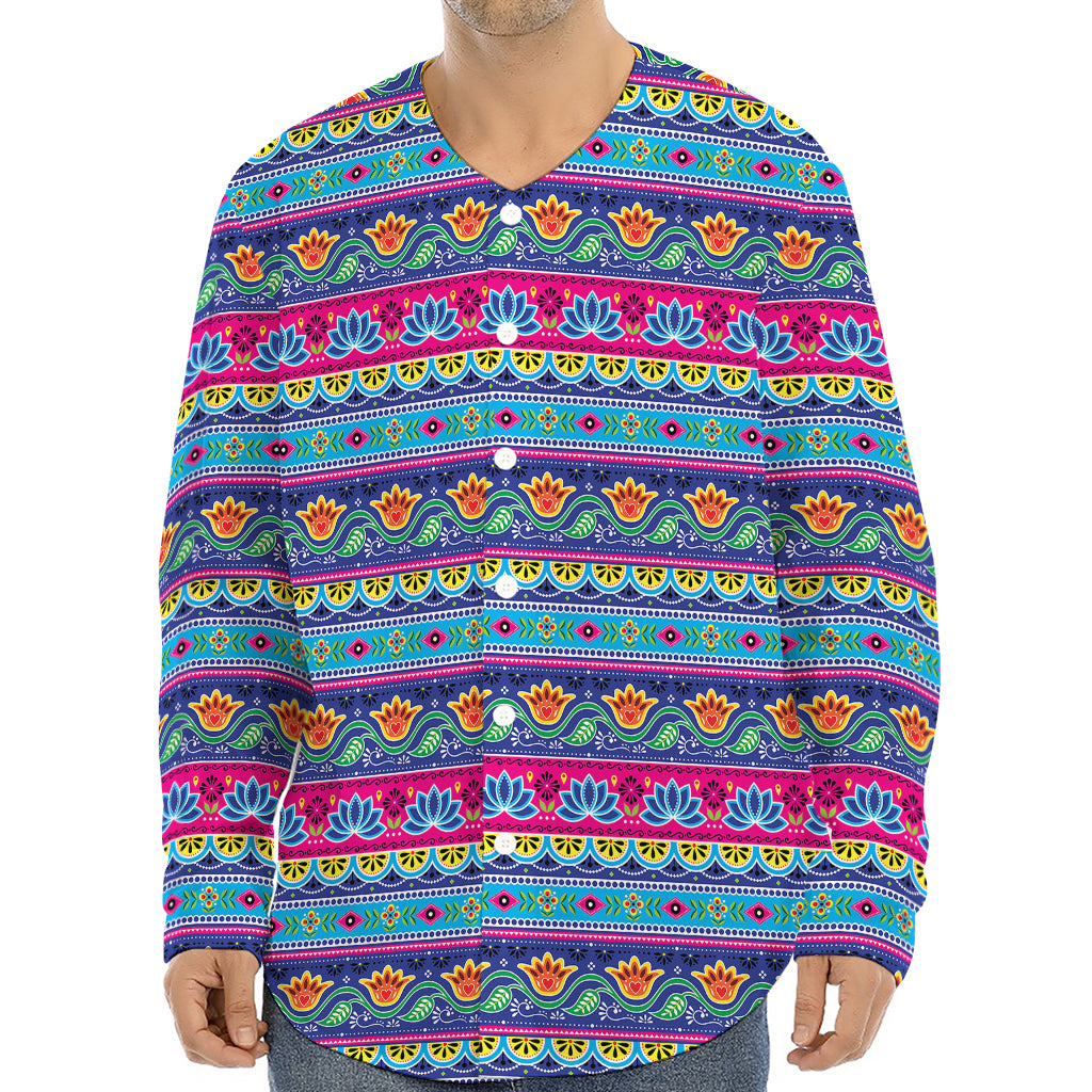 Boho Indian Lotus Pattern Print Long Sleeve Baseball Jersey