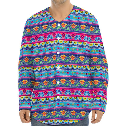 Boho Indian Lotus Pattern Print Long Sleeve Baseball Jersey