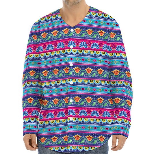 Boho Indian Lotus Pattern Print Long Sleeve Baseball Jersey