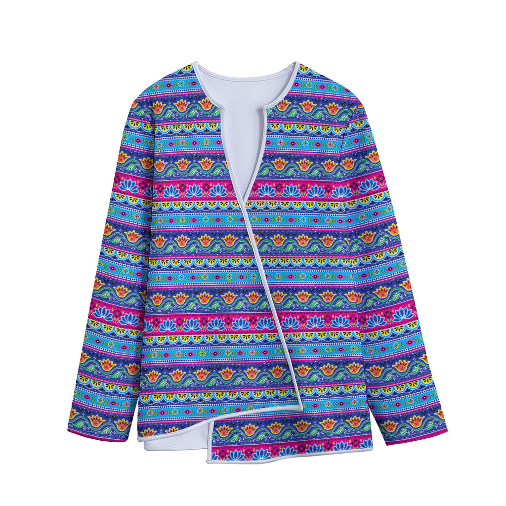 Boho Indian Lotus Pattern Print Long Sleeve Short Coat