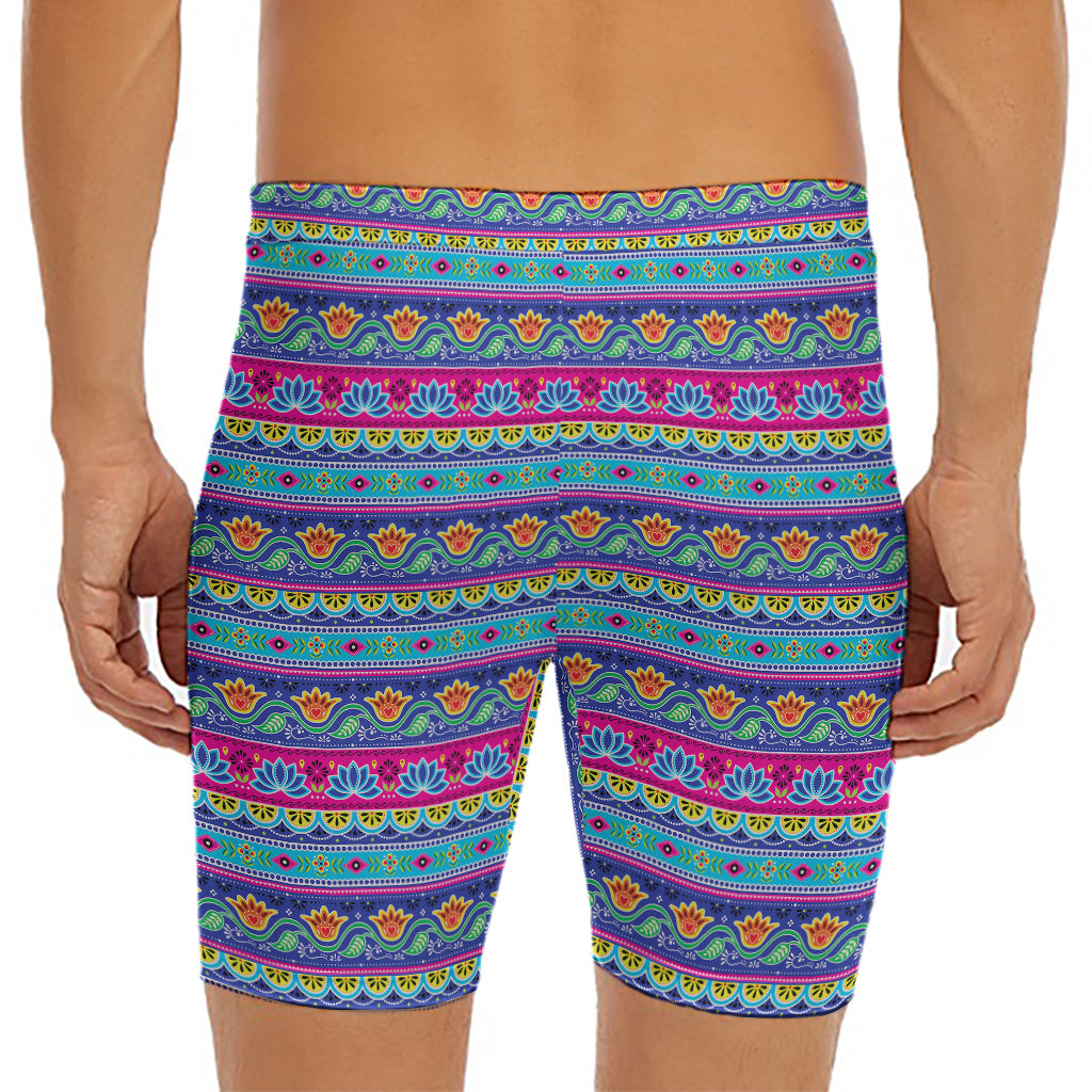 Boho Indian Lotus Pattern Print Men's Long Boxer Briefs