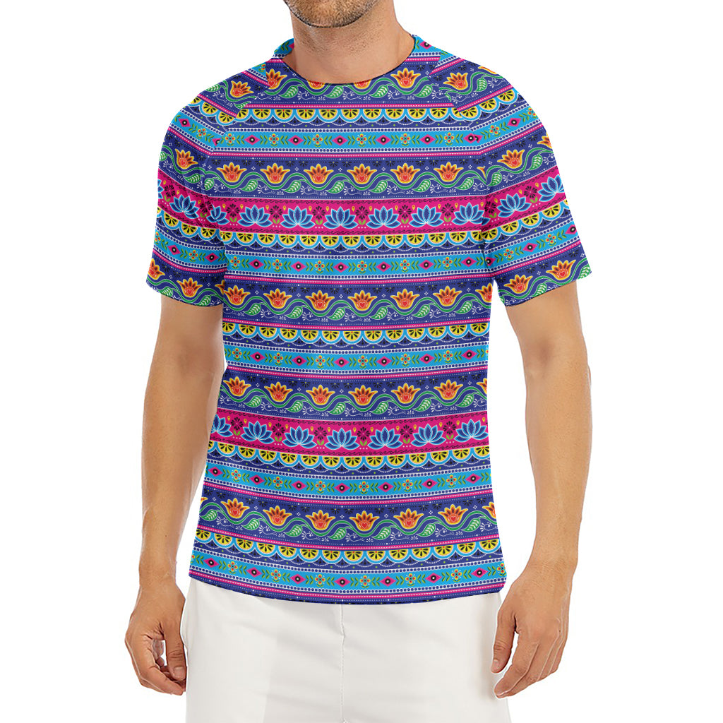 Boho Indian Lotus Pattern Print Men's Short Sleeve Rash Guard